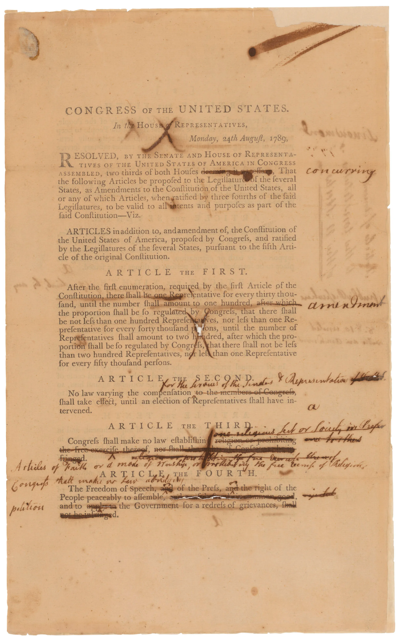 Aged 1789 congressional document proposing constitutional amendments, with faded handwritten margin notes.