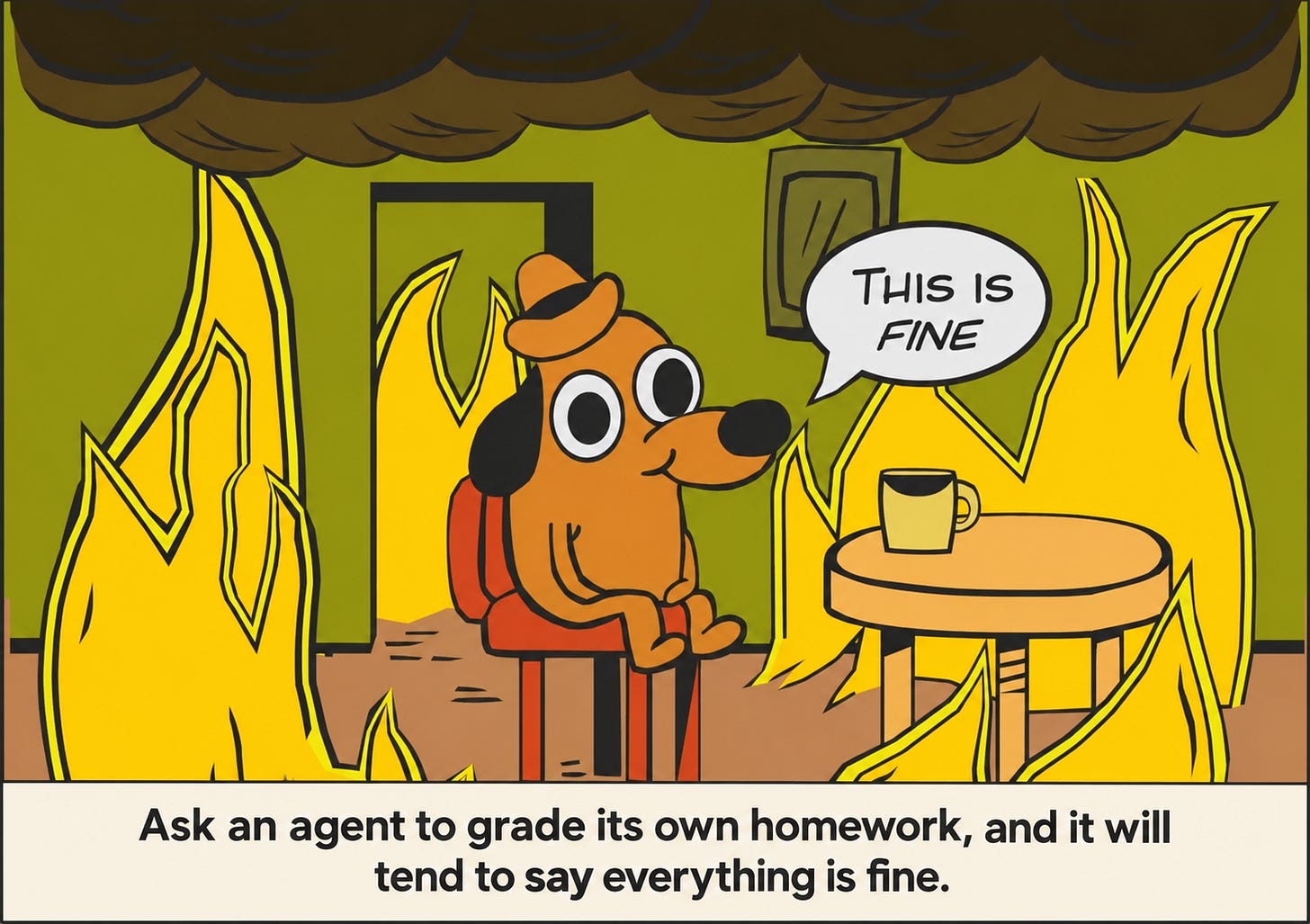“This is fine” meme illustrating the risk of an AI agent approving its own flawed work during self-review. “This is fine” meme illustrating the risk of an AI agent approving its own flawed work during self-review.