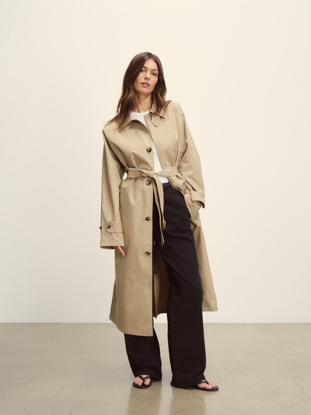 Model Wearing Dune Khaki Storm Stopper Mackintosh Tench - Front Model Wearing Dune Khaki Storm Stopper Mackintosh Tench - Front