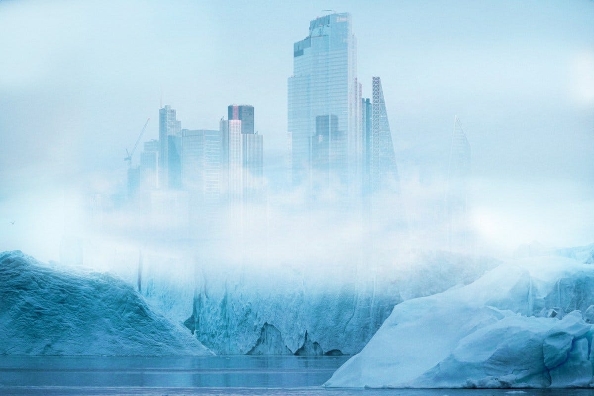 A futuristic city superimposed over Greenland