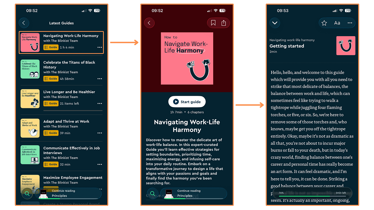Blinkist’s Guides (mobile app + dark mode)