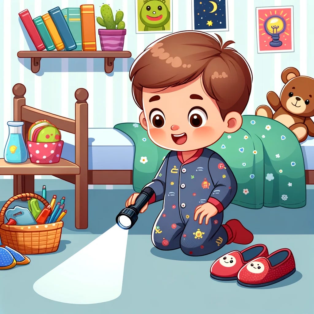 Cartoon illustration of a young boy with short brown hair, wearing pajamas, on his knees, shining a flashlight under a bed. He has a curious expression, and various toys, books, and a pair of slippers are scattered around the room. A teddy bear sits beside him, and colorful posters adorn the walls.