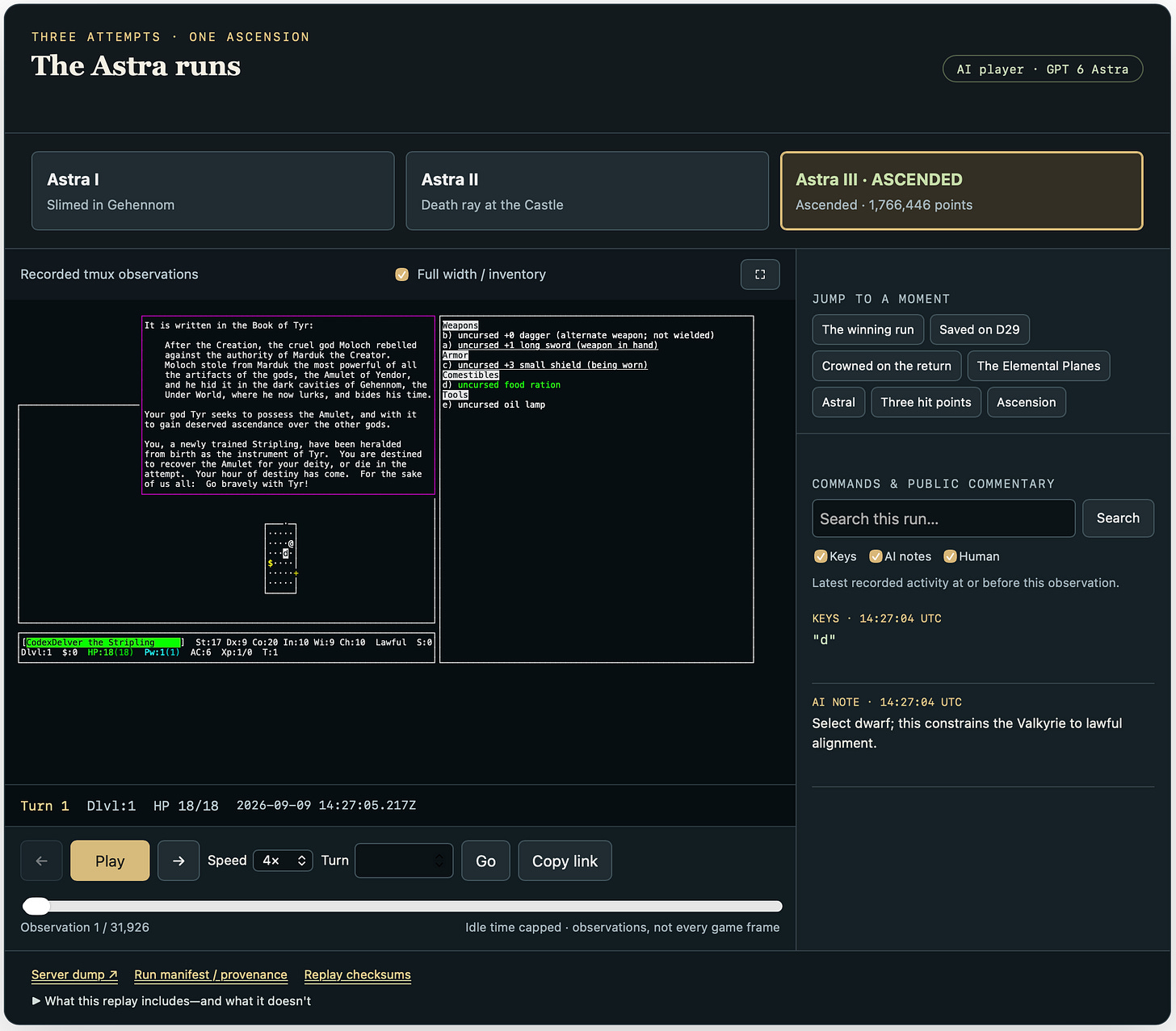 Screenshot of a dark-themed replay viewer titled The Astra runs, showing three NetHack attempts by the AI player GPT 6 Astra: Astra I slimed in Gehennom, Astra II killed by a death ray at the Castle, and Astra III highlighted as ascended with 1,766,446 points. The terminal pane shows turn 1 of a dwarven Valkyrie with its opening lore text and starting inventory, beside a commentary panel noting the AI’s choice of dwarf for lawful alignment.
