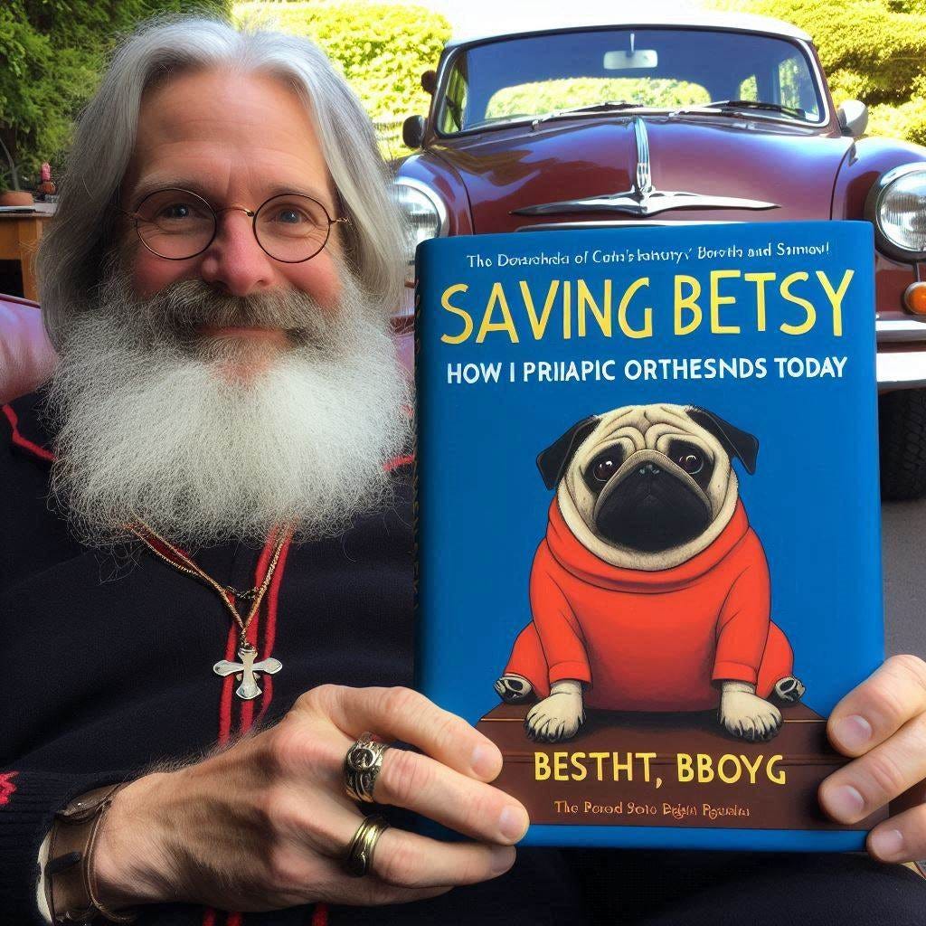 cover of a book called SAVING BETSY: HOW I RESCUED A FAT PUG AND WHERE PRIAPIC ORTHODOXY STANDS TODAY