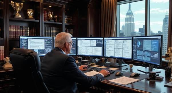 Distinguished senior banking CEO sitting at large executive mahogany desk in prestigious corner office, reviewing AI-powered contract analysis on multiple computer monitors. Executive wearing elegant business suit, focused on COiN (Contract Intelligence) interface displaying legal document scanning and machine learning analytics. Luxurious high-profile office with floor-to-ceiling windows overlooking Manhattan skyline, leather executive chair, prestigious awards and books on shelves. Multiple large monitors on desk showing contract processing dashboards, clause extraction, and legal workflow automation. Professional corporate atmosphere with dark wood furniture, ambient lighting, and sophisticated Wall Street executive environment reflecting premier investment banking leadership. Distinguished senior banking CEO sitting at large executive mahogany desk in prestigious corner office, reviewing AI-powered contract analysis on multiple computer monitors. Executive wearing elegant business suit, focused on COiN (Contract Intelligence) interface displaying legal document scanning and machine learning analytics. Luxurious high-profile office with floor-to-ceiling windows overlooking Manhattan skyline, leather executive chair, prestigious awards and books on shelves. Multiple large monitors on desk showing contract processing dashboards, clause extraction, and legal workflow automation. Professional corporate atmosphere with dark wood furniture, ambient lighting, and sophisticated Wall Street executive environment reflecting premier investment banking leadership.