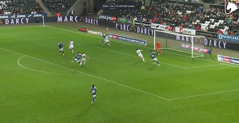 Three images depicting Conor Chaplin separating from his marker before scoring against Swansea