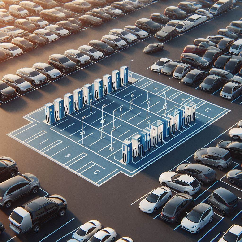 A parking lot in the daylight. It has a section with charging stations. The spaces of the section with charging stations are painted blue. The section with charging stations is completely empty, but the rest of the lot is completely full with cars. There is no empty space except for the entirely empty charging section.