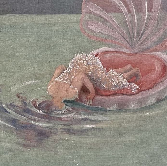 This may contain: a painting of a woman floating in the water