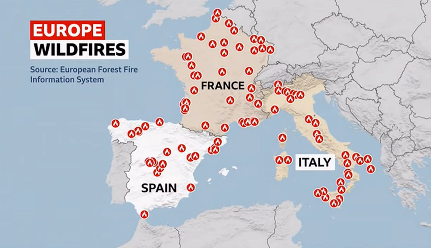 Map graphic of current fires in Spain, France and Italy. Dozens and dozens of fire symbols dot the map.
