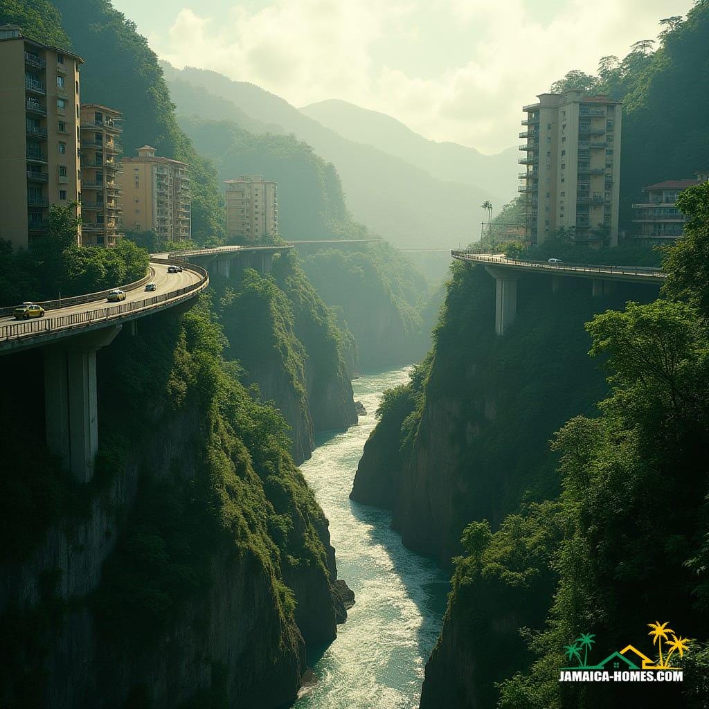 Jamaican mountain pass with narrow winding road, fast-moving river, and lush green cliffs, modern apartment towers rise with realistic glass, concrete, and steel, connected by skybridges, Jamaican taxis and cars navigate, tropical vegetation on cliffs, golden sunlight through misty clouds, in ultra-realistic cinematic style inspired by filmmakers like Denis Villeneuve, Roger Deakins, and Emmanuel Lubezki, with cinematic lighting, film grain, and vignette.