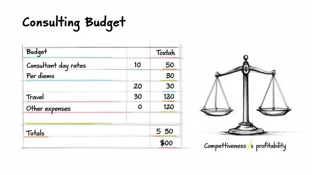 A consulting budget table displaying expenses like day rates, per diems, and travel, next to a balance scale symbolizing competitiveness versus profitability.