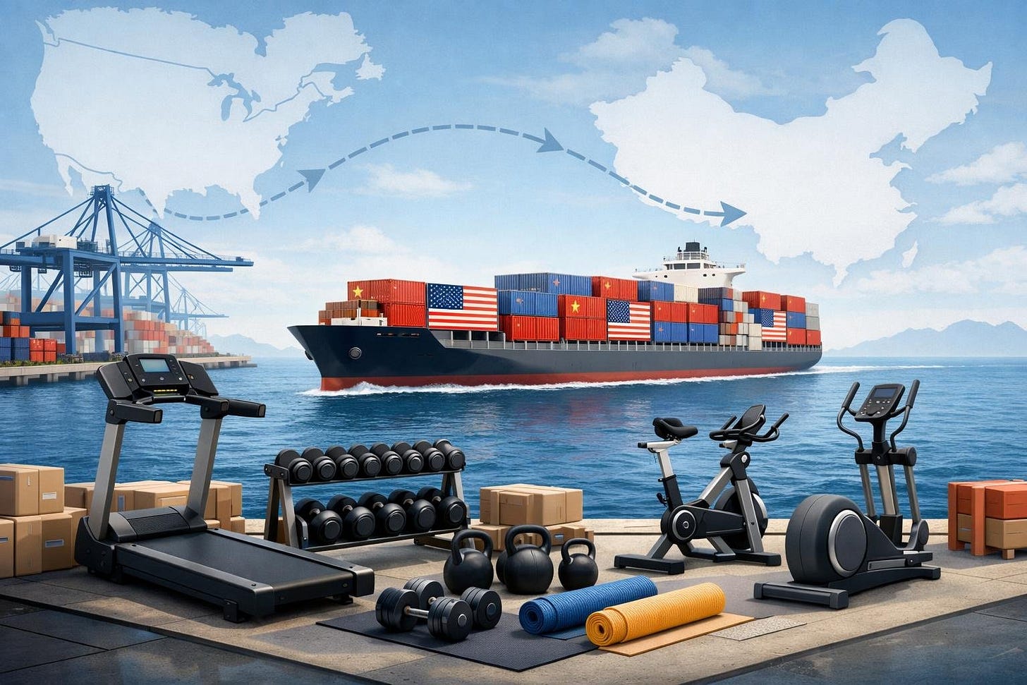 A cargo ship carrying containers sails across the ocean from China to the USA, with exercise equipment like treadmills and dumbbells arranged at a port with cranes in the background. A cargo ship carrying containers sails across the ocean from China to the USA, with exercise equipment like treadmills and dumbbells arranged at a port with cranes in the background.