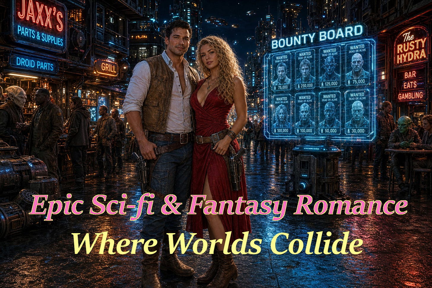 Promotional banner for Epic Sci-fi & Fantasy Romance: Where Worlds Collide, featuring an armed couple in a neon-lit futuristic marketplace beside a holographic bounty board.