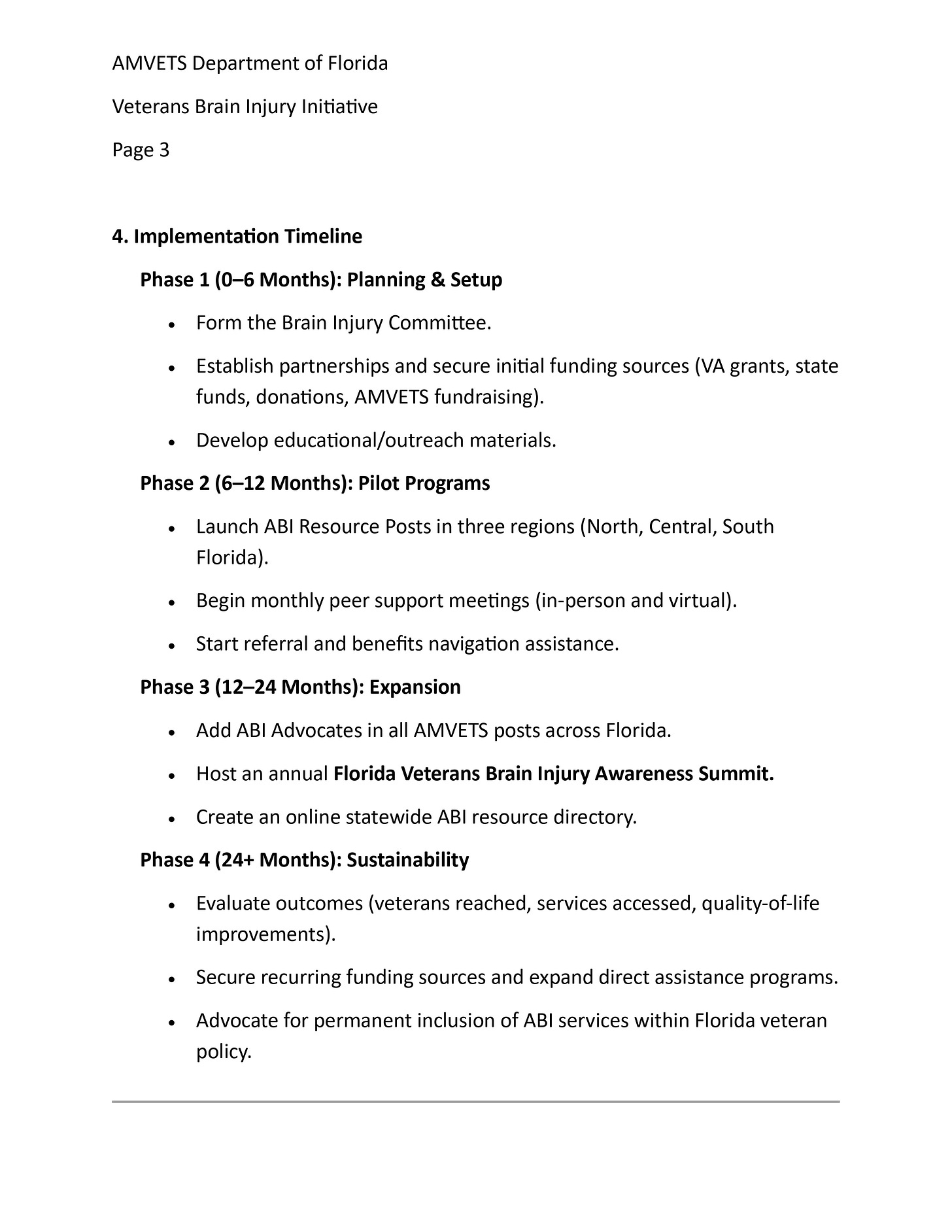 A document page titled “AMVETS Department of Florida – Veterans Brain Injury Initiative” (Page 3) showing section “4. Implementation Timeline” with four phases: Phase 1 (0–6 months) planning and setup, Phase 2 (6–12 months) pilot programs, Phase 3 (12–24 months) expansion, and Phase 4 (24+ months) sustainability, listing bullet points such as forming a Brain Injury Committee, securing funding (including VA grants and AMVETS fundraising), launching ABI Resource Posts in North/Central/South Florida, holding peer support meetings, adding ABI advocates, hosting a Florida Veterans Brain Injury Awareness Summit, creating an online ABI resource directory, evaluating outcomes, securing recurring funding, and advocating for ABI services in Florida veteran policy.
