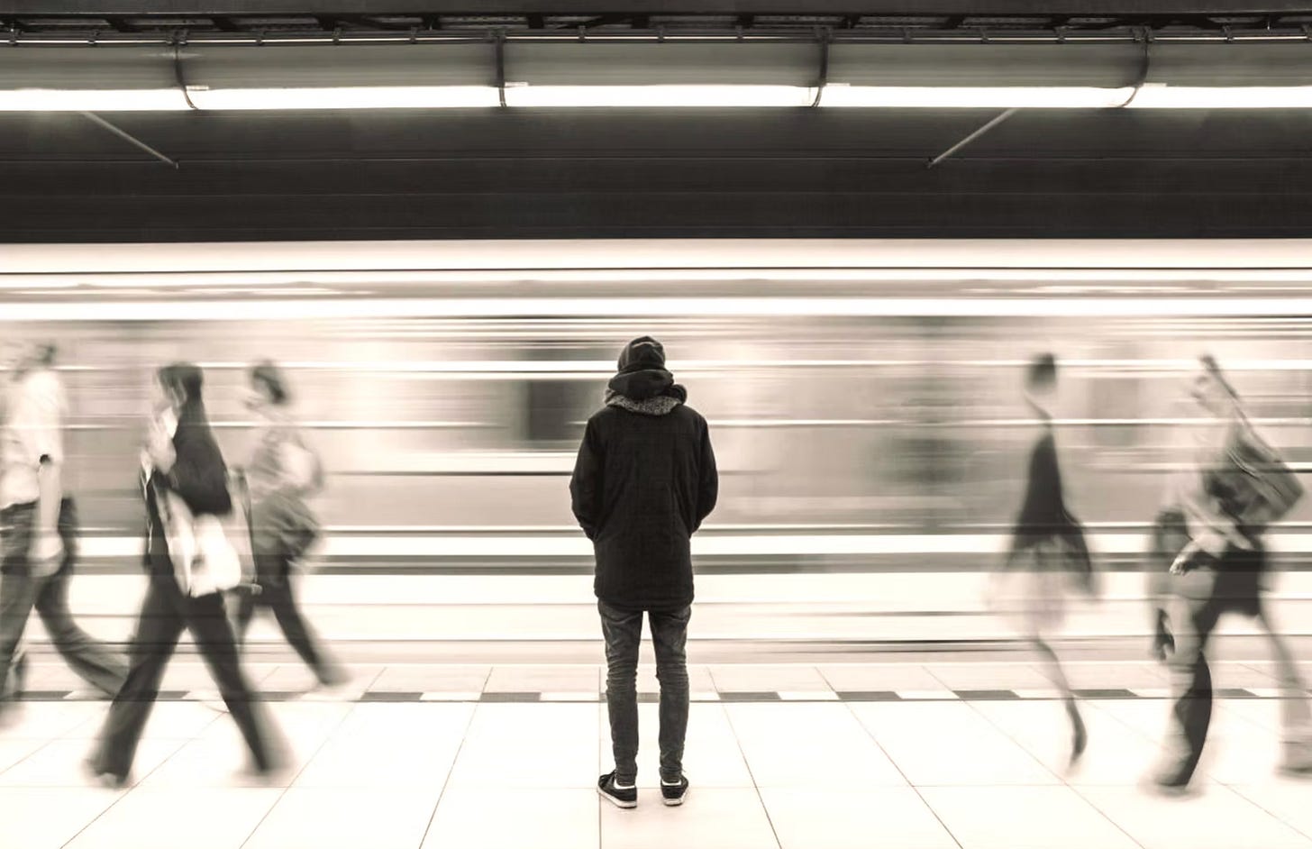 Expat standing still in a busy metro station while others move around, representing the mental load and disconnection often experienced during life abroad