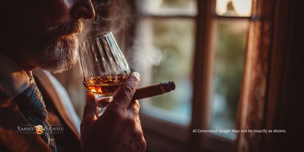 A person holding a whiskey glass and cigar, gazing thoughtfully out a window, with soft ambient lighting creating a reflective and introspective pairing experience. A person holding a whiskey glass and cigar, gazing thoughtfully out a window, with soft ambient lighting creating a reflective and introspective pairing experience.