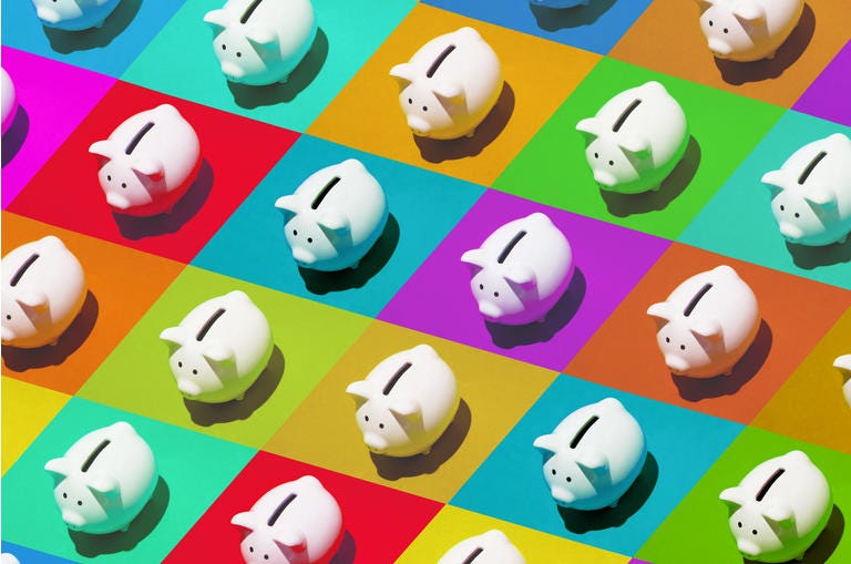 Multi-colored piggy bank grid