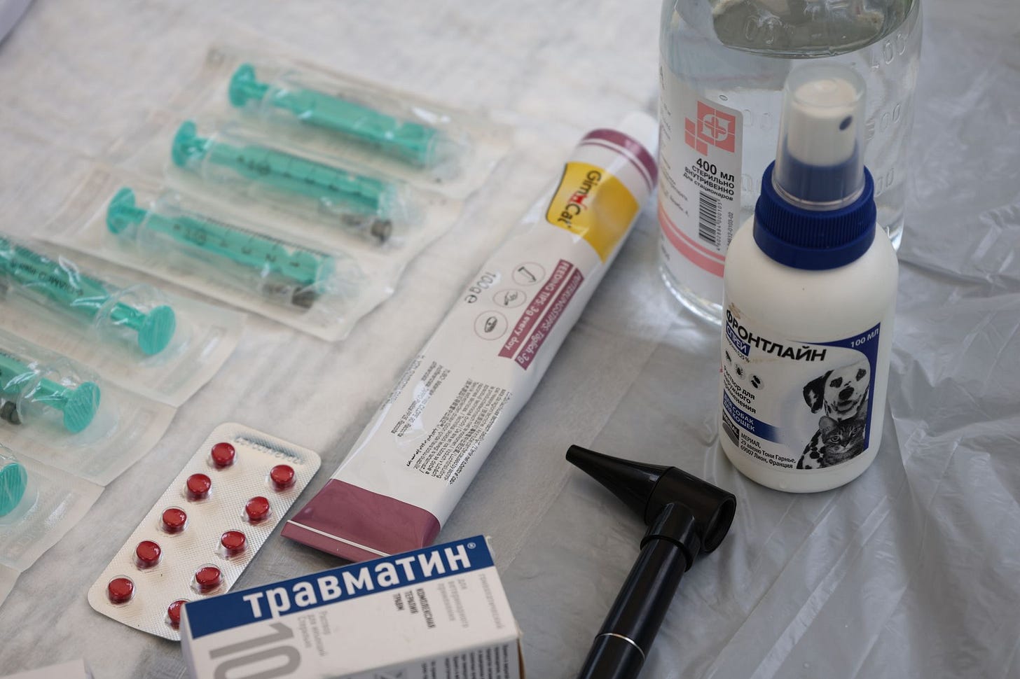 Photo by Tahir Xəlfəquliyev on Pexels Veterinary medical supplies including syringes, pills, and spray displayed on a table. (stock photo)