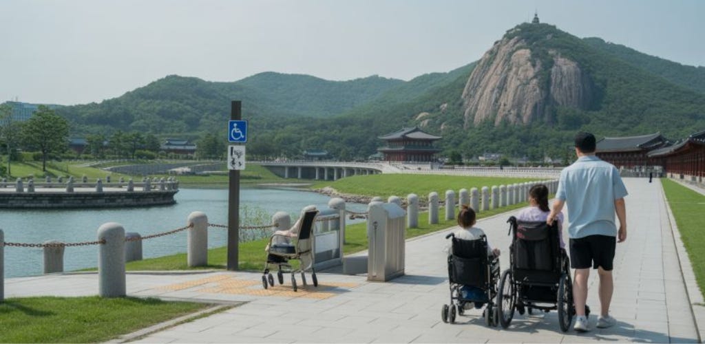 Three people move along a wide paved walkway beside a calm river—two are using wheelchairs while another person walks next to them. A baby stroller is parked near a sign with a wheelchair accessibility symbol. In the background are green mountains, a rocky peak topped with a small structure, traditional-style buildings, and a bridge crossing the water on a sunny day.