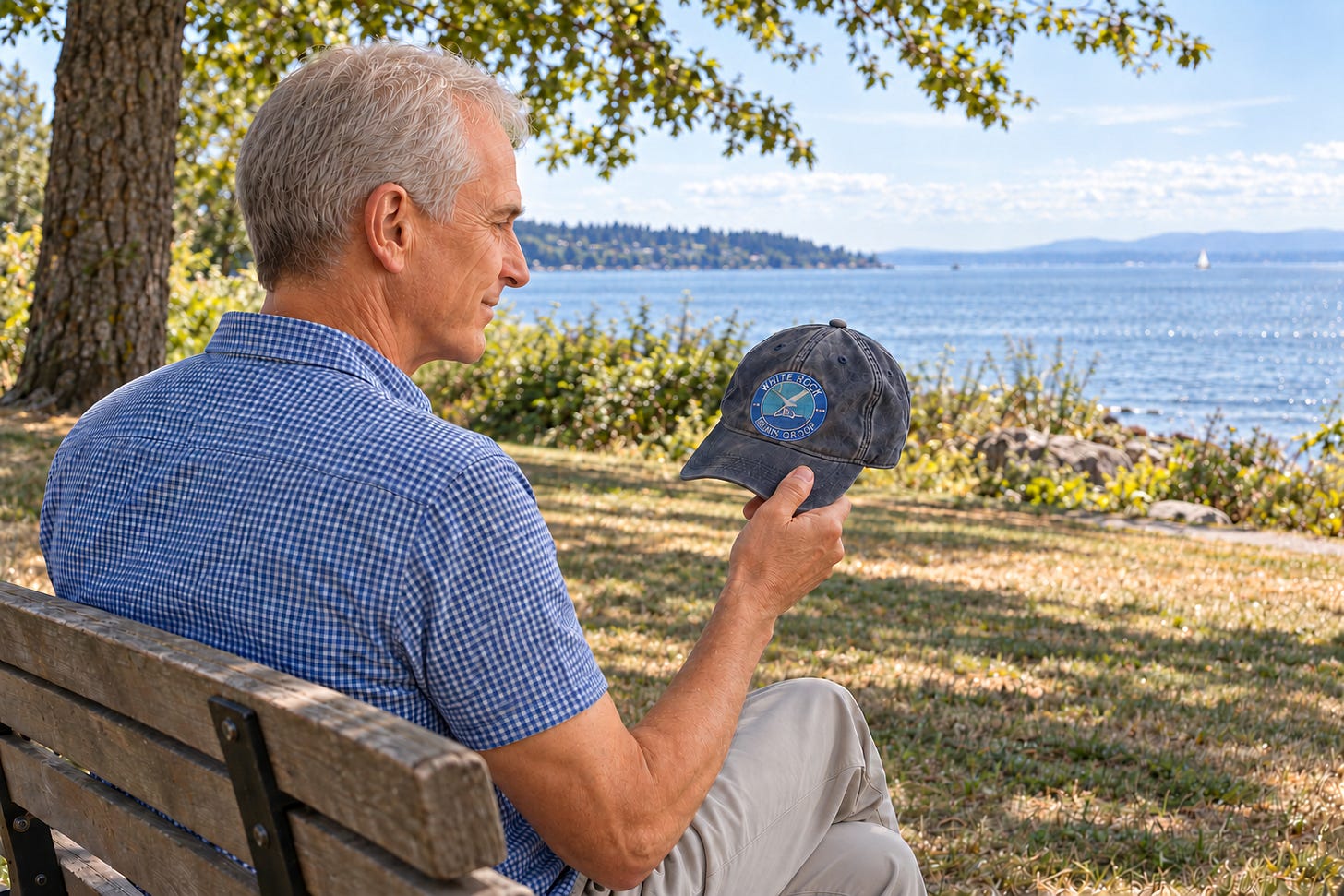 Jim, wearing a blue-and-white checked shirt, sits on a park bench, looking thoughtfully at the White Rock Men’s Group cap held in his right hand. Jim, wearing a blue-and-white checked shirt, sits on a park bench, looking thoughtfully at the White Rock Men’s Group cap held in his right hand.