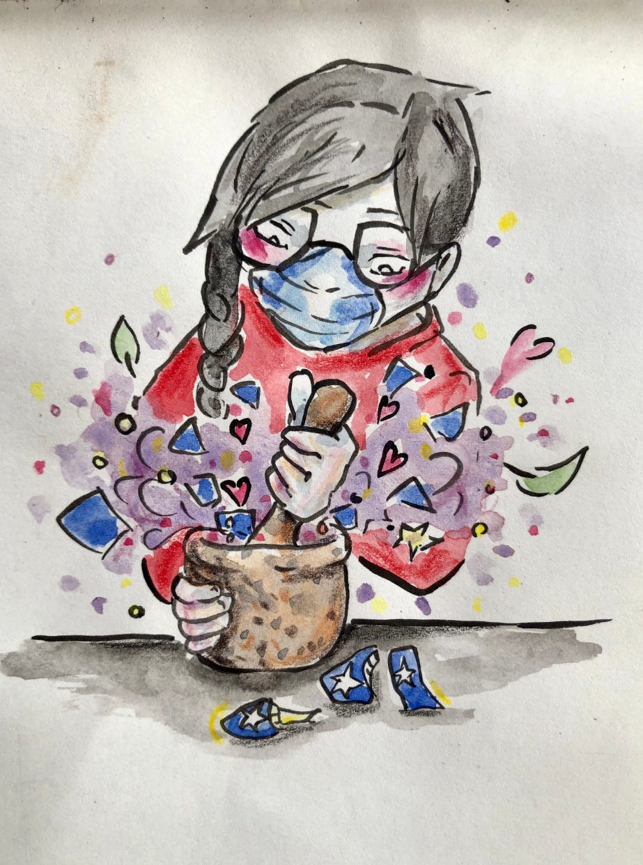 illustration girl uses pestle and mortar to mix a potion