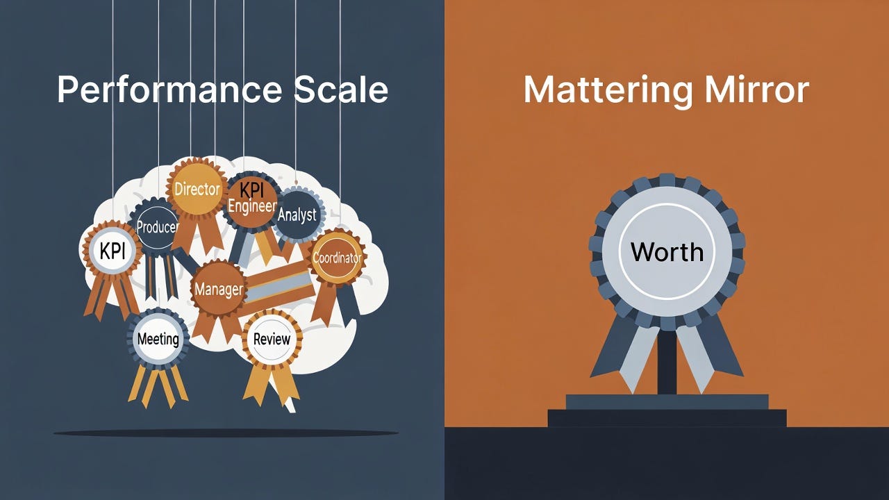 A conceptual diagram contrasting two mental operating systems. On the left, the "Performance Scale" shows a brain cluttered with tags like KPI, Manager, and Review. On the right, the "Mattering Mirror" shows a single, solid medal labeled "Worth" on a stable pedestal. A conceptual diagram contrasting two mental operating systems. On the left, the "Performance Scale" shows a brain cluttered with tags like KPI, Manager, and Review. On the right, the "Mattering Mirror" shows a single, solid medal labeled "Worth" on a stable pedestal.