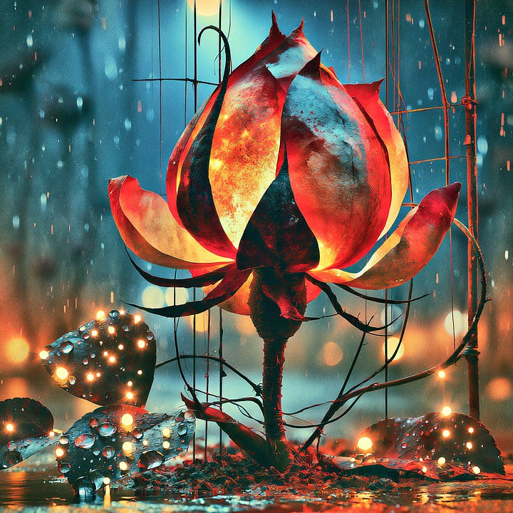 A warm cinematic still life of a single flower bud, still closed, glowing faintly as if lit from within, resting low in a quiet dark garden. Moonlight pools softly around it, catching drops of dew on nearby leaves like scattered points of light. The mood is stillness holding potential, patience before an opening.