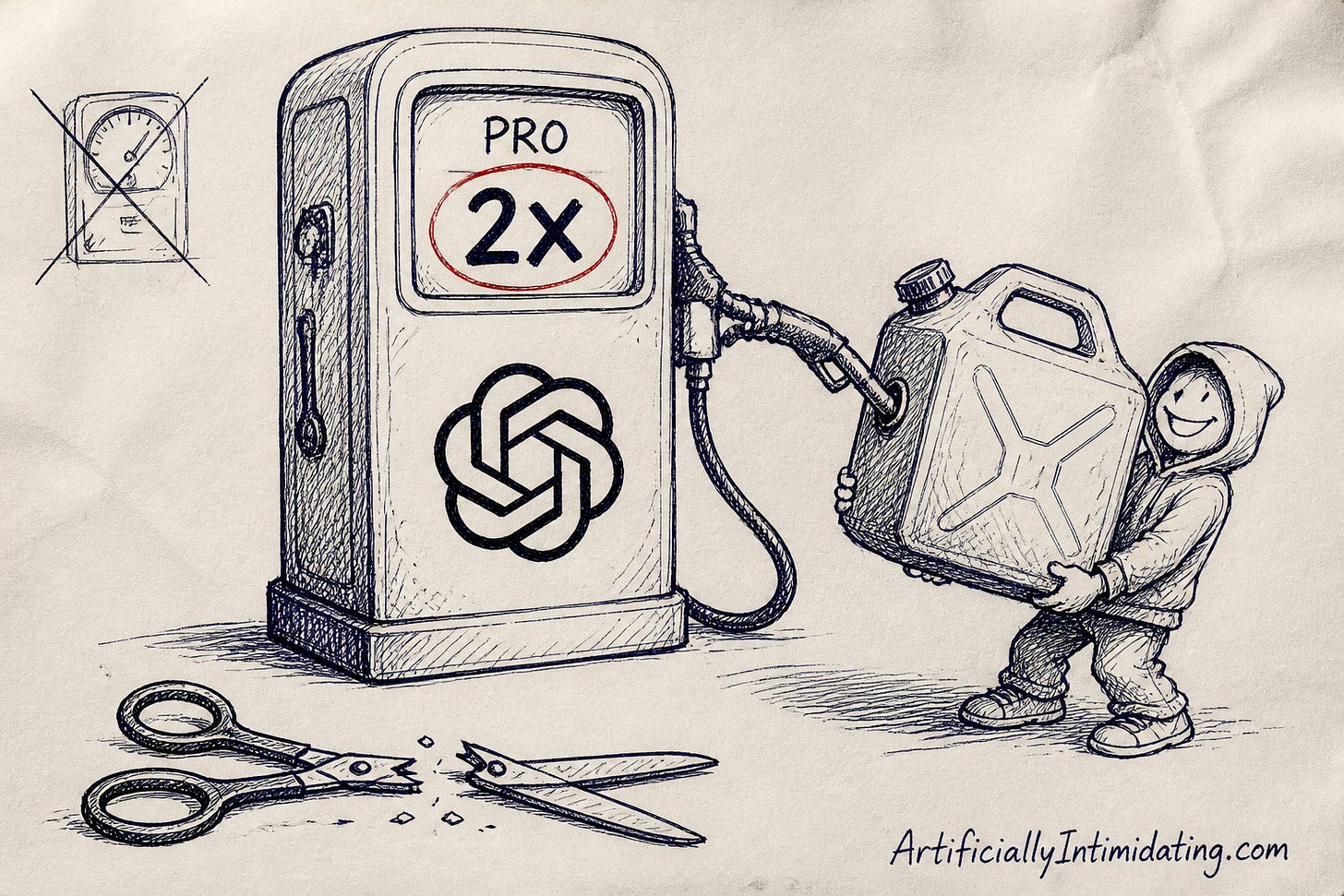 A big gas pump with a price dial reading 2X circled in red and an OpenAI emblem, a snapped pair of scissors on the ground, and a grinning customer in a hoodie holding a huge fuel can. A big gas pump with a price dial reading 2X circled in red and an OpenAI emblem, a snapped pair of scissors on the ground, and a grinning customer in a hoodie holding a huge fuel can.