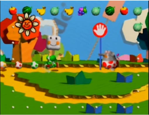 Image from Yoshi's Story (1998) of an enemy blocking the player's path with a sign