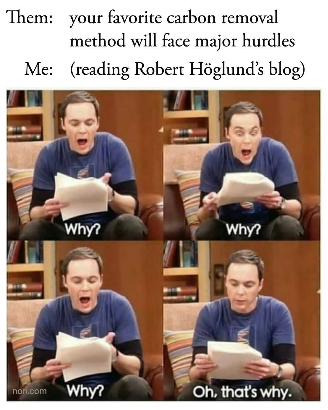 Text: "Them: your favorite carbon removal method will face major hurdles. Me: (reading Robert Höglund's blog)." Below, four stills of Sheldon Cooper reading papers: "Why?" "Why?" "Why?" "Oh, that's why."