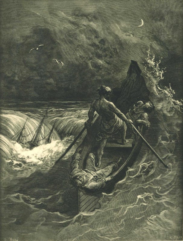 oarsman in stormy sea, ship sinking in whirlpool nearby