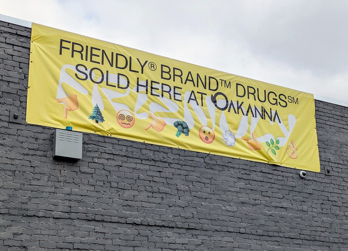 Yellow banner with black type reading FRIENDLY DRUG PRODUCTS SOLD HERE AT OAKANNA