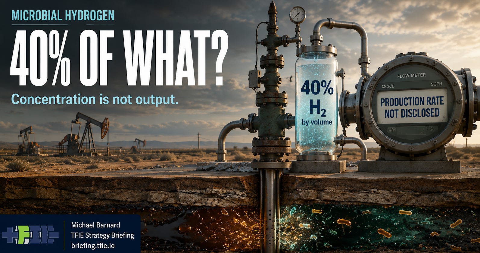 A depleted oil well produces mixed gas labelled 40% hydrogen by volume while the total production flow remains undisclosed.