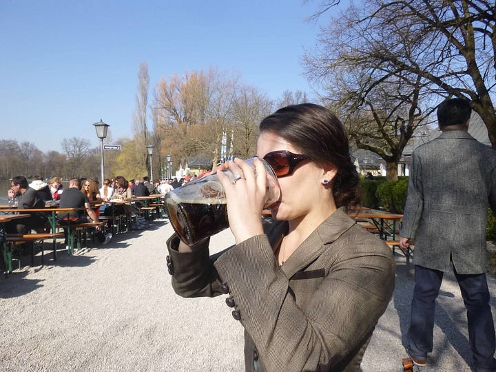 Pictures of the author eating German food and drinking a big lager