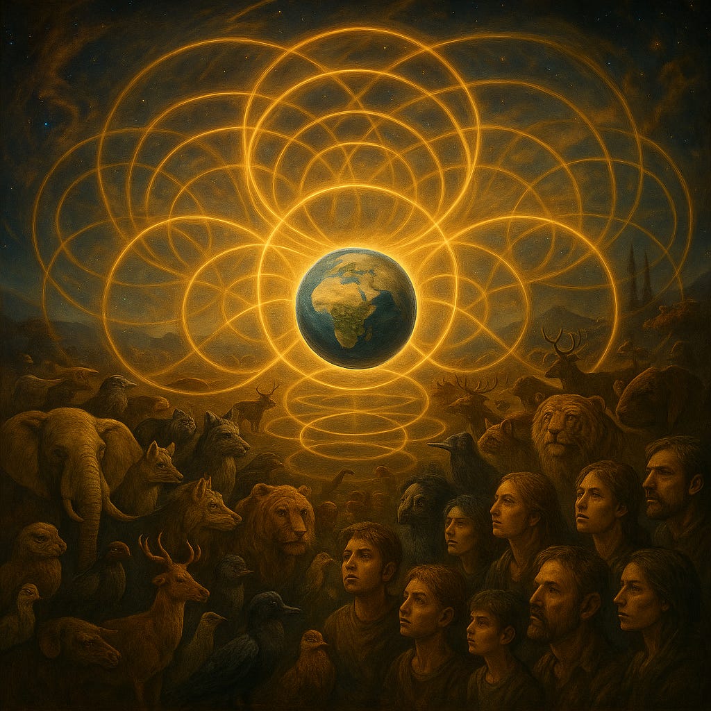 A stunning, detailed painting depicting a cosmic landscape where humans and other species are clustered together in glowing, interconnected loops, symbolising recognition loops. These luminous webs weave into a vast, fragile matrix forming a shared but fractured perceptual reality—beautiful yet tense, evoking a sense of volatility, disorientation, and collective vulnerability.