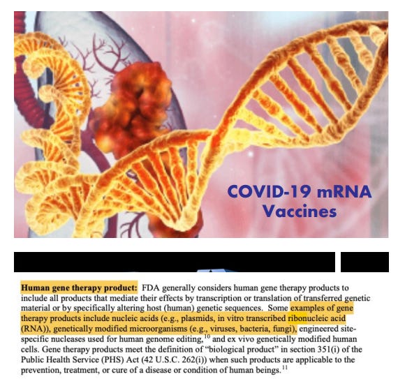 COVID-19 mRNA 
Vaccines 
FDA the-apy to 
all that eff«ts by transcriplion or of 
by Fltically altering 
acids (e. g. pi •mid'. vitro "id 
for editing. o vivo modified human 
cells. tirrapy meet definition in section 3 S Hi) of the 
public Health Savicc (PHS) Act (42 U SC. 2620)) wirn arc a"lic-able to 
of of 