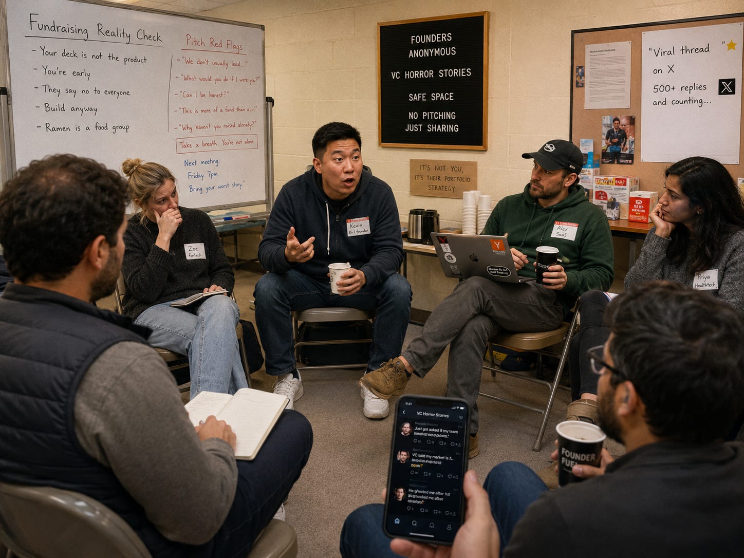Startup founders sit in a support-group circle sharing venture capital horror stories while a viral X thread appears on a phone. Startup founders sit in a support-group circle sharing venture capital horror stories while a viral X thread appears on a phone.