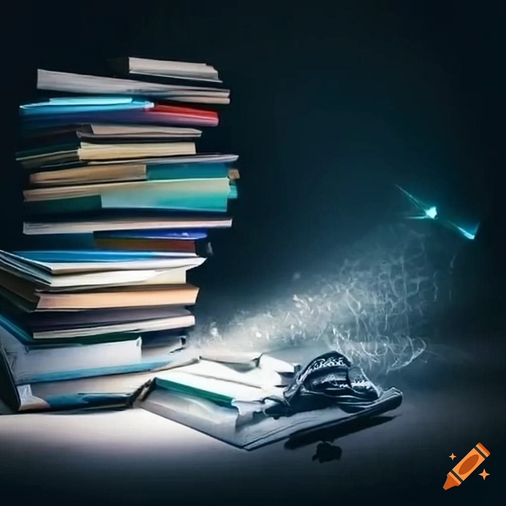 drawing of piles of papers and books