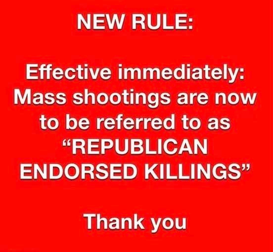 May be an image of text that says 'NEW RULE: Effective immediately: Mass shootings are now to be referred to as "REPUBLICAN ENDORSED KILLINGS" Thank you'