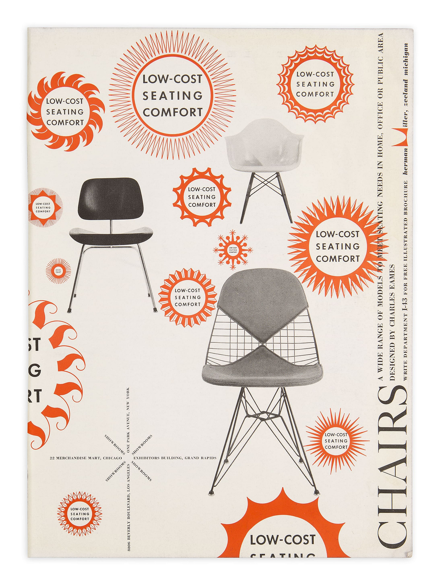 This Chairs by Charles Eames print advert features the Eames plywood DCM, wire DKR & a rare appearance of the DAW chair
