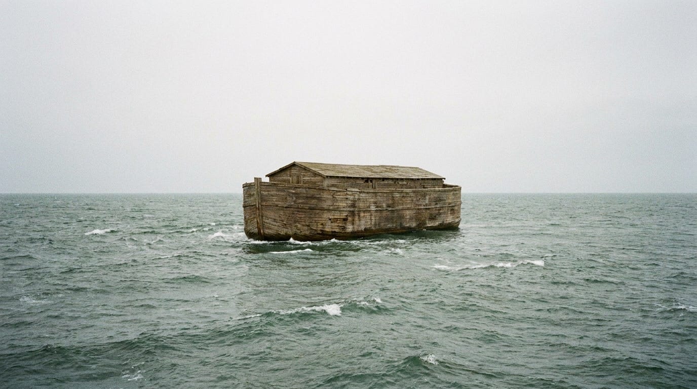 A vast rain-swept grey sea stretching to the horizon under a bright pale overcast sky, a single small wooden ark riding high on the churning surface, no land, no people, no faces, no text