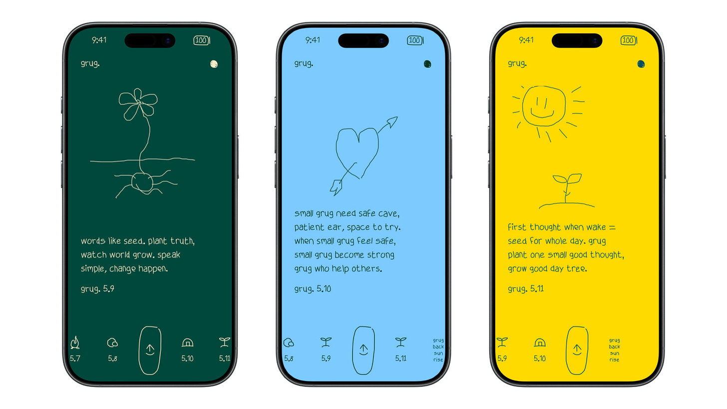 Three iPhone screenshots of the grug. app shown side by side against a white background. The left screen features a white background with a prompt inviting people to draw; the center screen shows a dark green background with a hand-drawn flowering plant and a mindfulness message about simple words; the right screen displays an iPhone home screen with grug. widgets in yellow and teal, featuring cheerful doodles of a sun and a sprouting plant alongside short motivational quotes.
