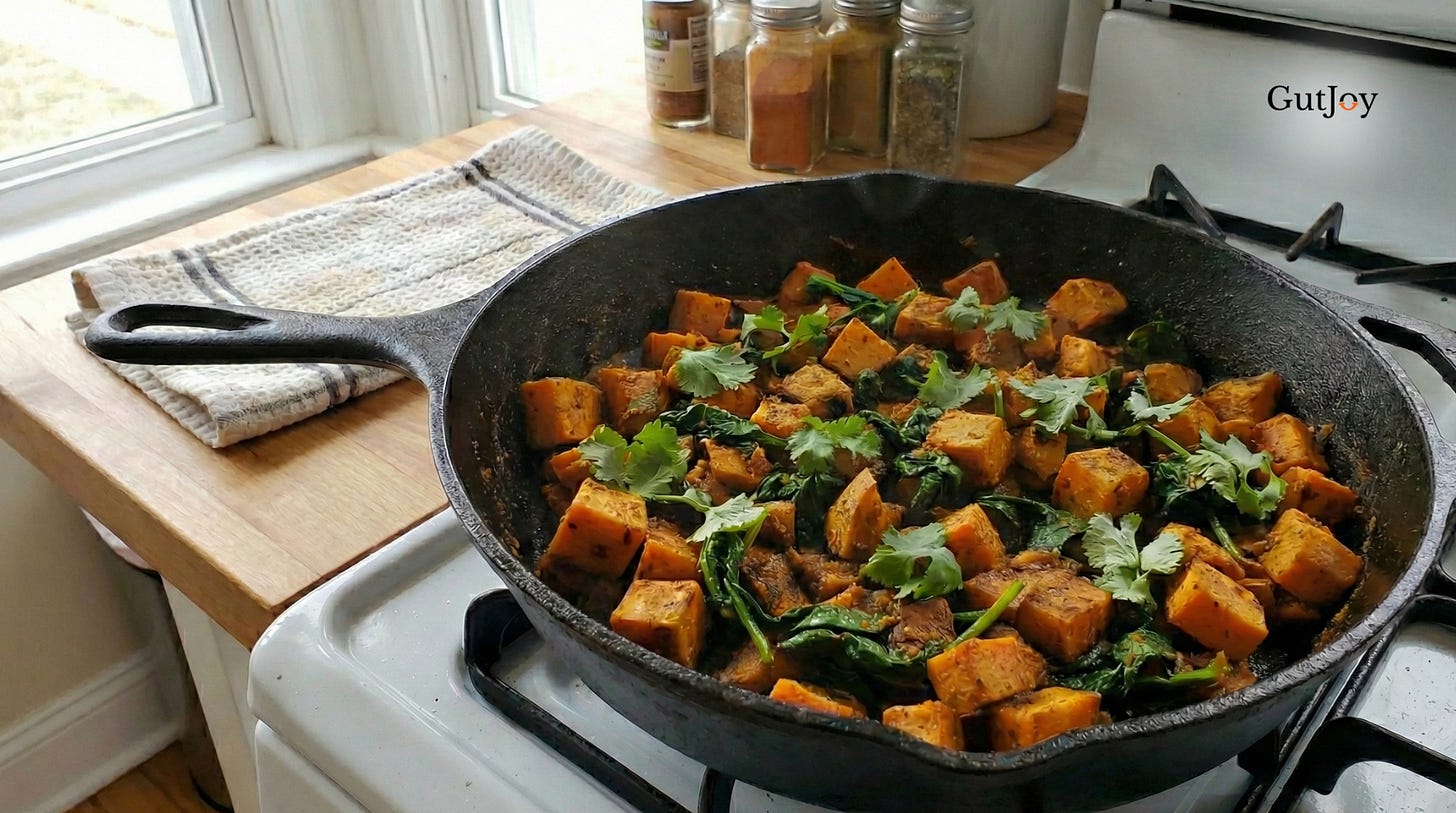 Masala Sweet Potato Hash with sweet potatoes, and cilantro in a cast-iron skillet. Masala Sweet Potato Hash with sweet potatoes, and cilantro in a cast-iron skillet.