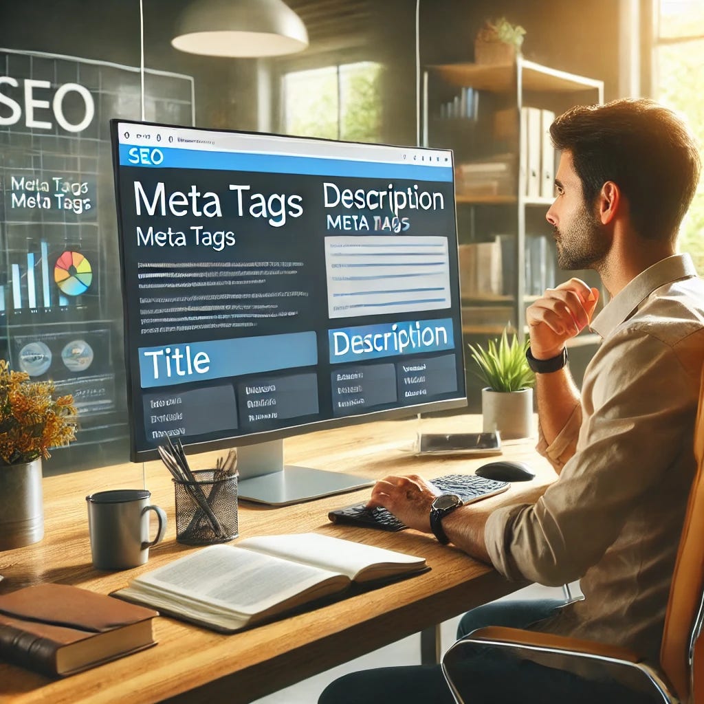 A professional SEO specialist sitting at a desk, analyzing meta tags of a website on a large computer screen. The screen displays a detailed web interface with highlighted fields for 'title' and 'description' meta tags. The room is a modern office setting with a focus on digital tools, a notebook, and a coffee cup on the desk. The specialist appears focused, with casual business attire, surrounded by SEO-related elements like charts and graphs. The atmosphere is bright and professional.