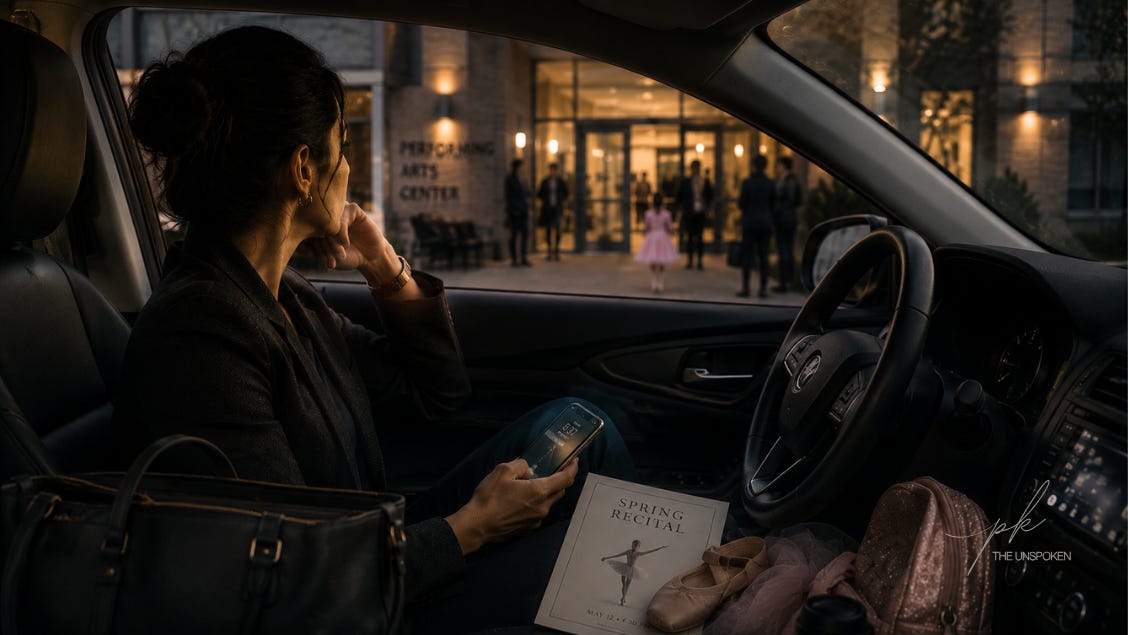 A woman sits alone in a parked car at dusk, softly illuminated by dashboard light while holding her phone. A child’s recital item and work materials rest nearby, capturing the quiet emotional tension between professional responsibility and family life.