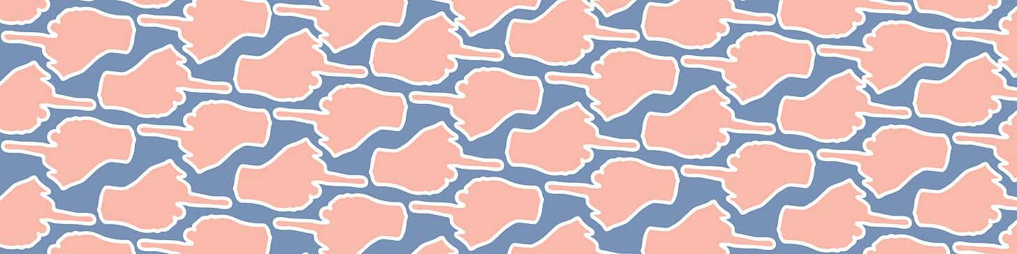 Pink alternating hands with white outlines on a steel blue background flashing the middle finger.