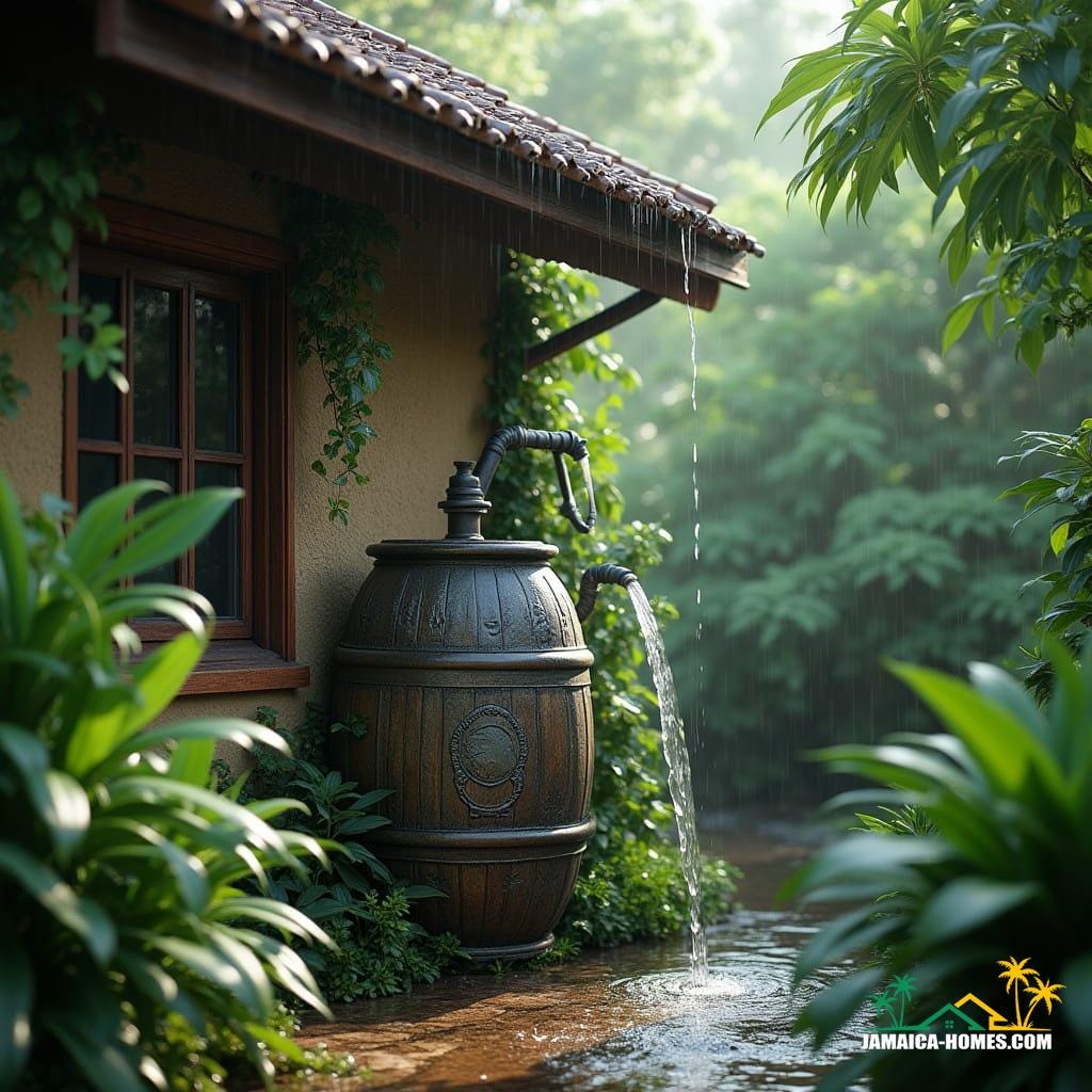 A serene residential scene featuring a rainwater harvesting system as the centerpiece, with a beautifully crafted, ornate rainwater barrel or storage tank situated beside the house, adorned with lush tropical plants and vibrant greenery. The connection between the roof and downspouts is prominently displayed, as rainwater flows effortlessly into the system. The surrounding foliage is rich and dense, with leaves and vines spilling over the edges of the barrel, creating a sense of natural harmony. Inspired by the cinematography of Emmanuel Lubezki, with a blend of the atmospheric lighting of Roger Deakins, and the color grading of Janusz Kaminski. 
