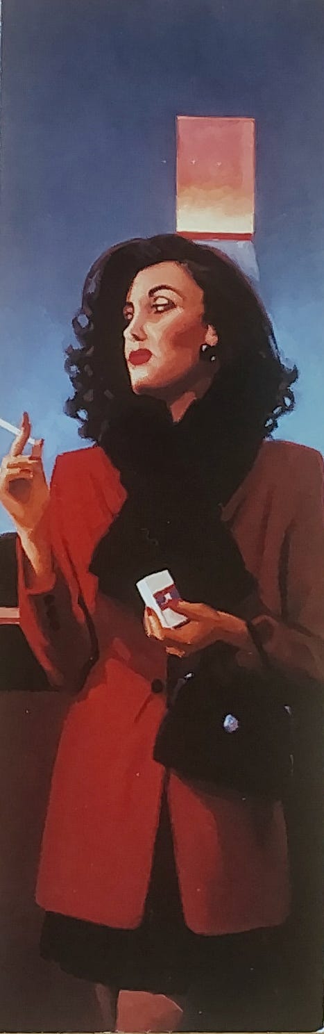 vertical photo blue background with painting or cartoon of black haired woman in a red coat looking to the side and smoking a cigarette like she was in an old noir movie