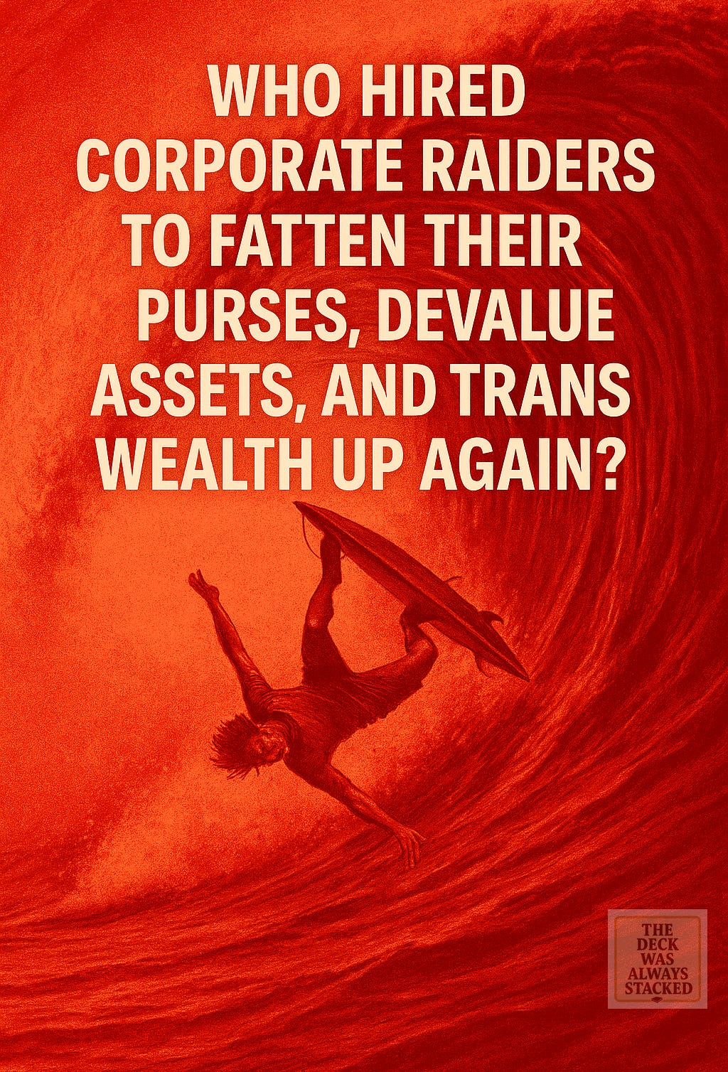 Red Image text with surfer upside down in big wave closing out. Text about corporate raiders on US Gov and white house.  Red Image text with surfer upside down in big wave closing out. Text about corporate raiders on US Gov and white house.