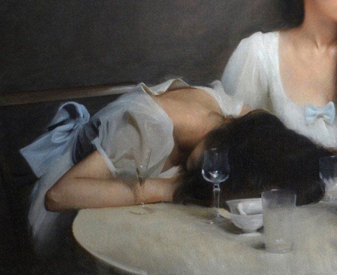 This may contain: a painting of a woman laying on a table next to a cat and wine glasses